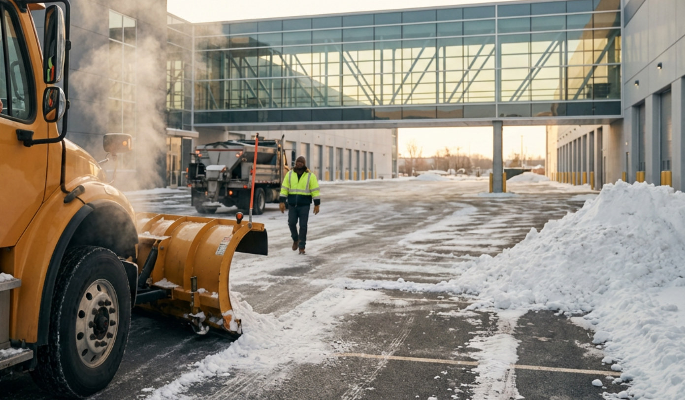 Commercial snow plow clearing snow from a business parking lot
