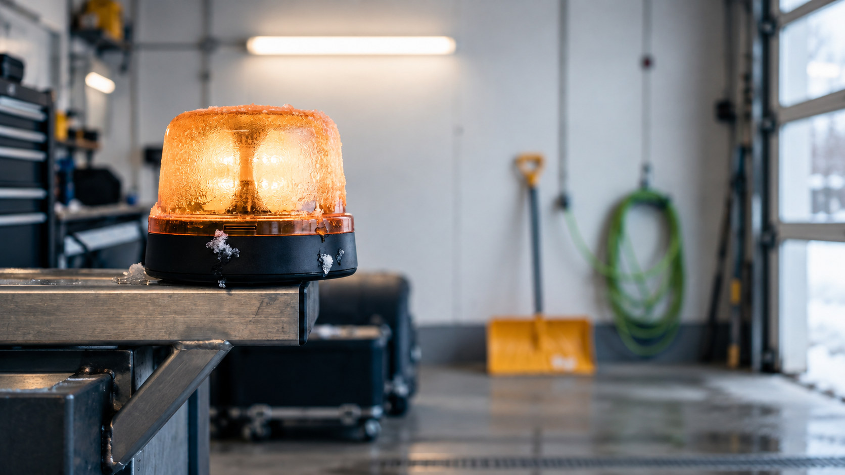 Frost-covered amber safety beacon inside a winter maintenance garage